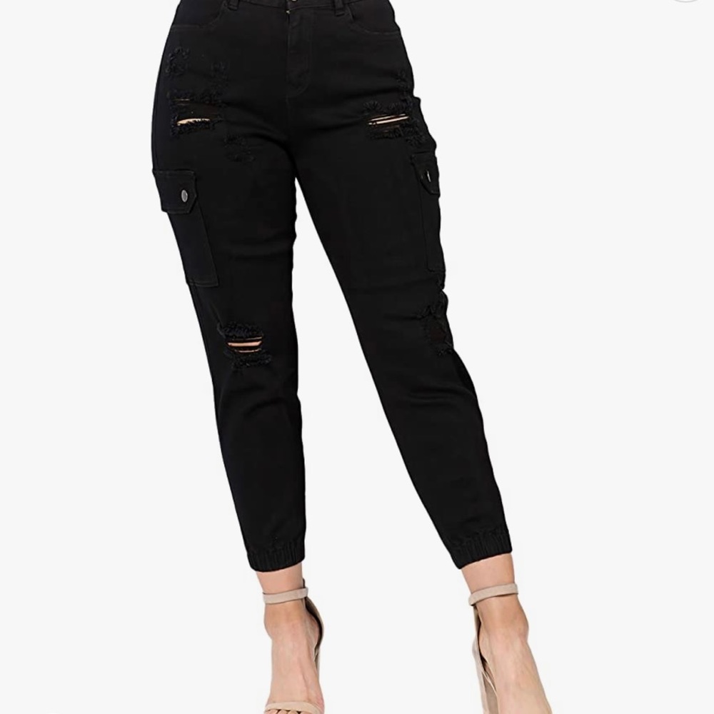 High waist ripped cargo jean joggers